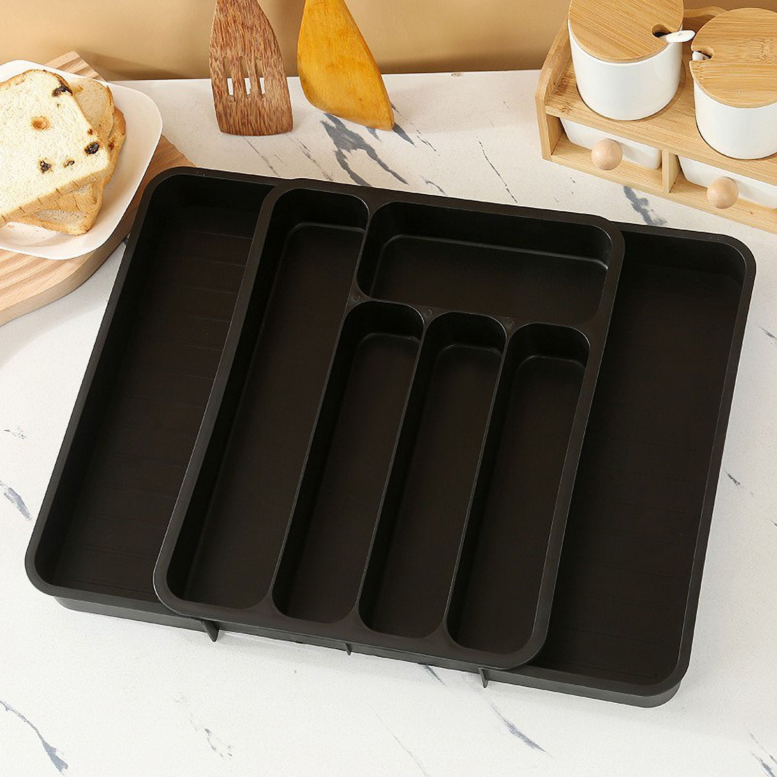 NIUBWJL Natural Utensil Organizer 14 Inch Silverware Organizer for Drawer Utensil Holder Cutlery Organizer Kitchen Drawer Organizer 7 Compartment Small Narrow Bamboo