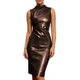 thumbnail image 6 of QSAWXQZ Women's Mock Neck Sleeveless Tank Top Pleated Drape Slim Shiny Faux Leather Look Fashion Party Clubwear Night Out Blouse Brown L, 6 of 9