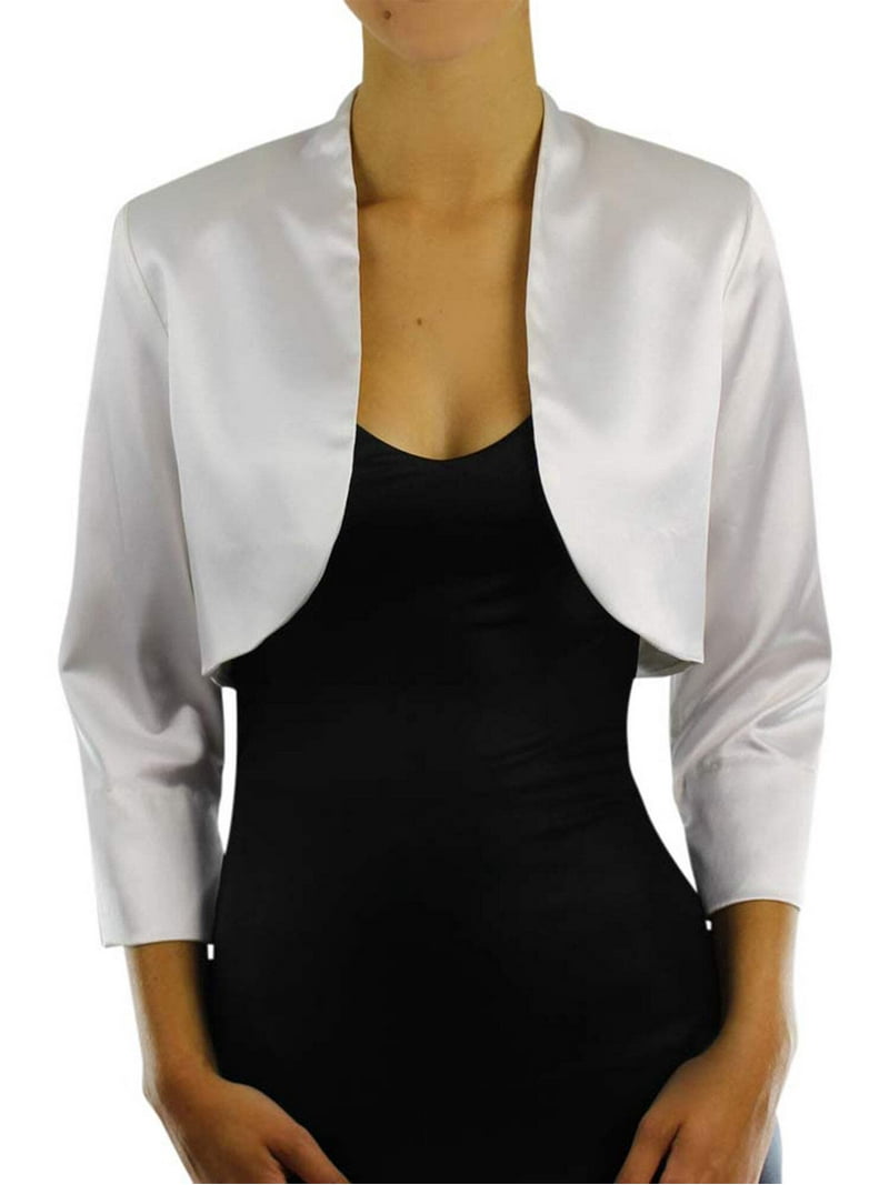 Luxury Divas White Elegant Satin Evening Bolero Shrug Jacket, 3/4