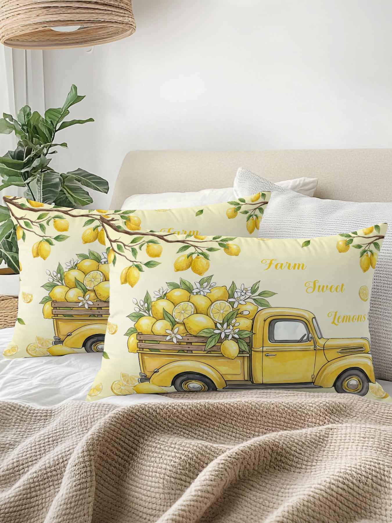 1 Pack Outdoor Pillows Waterproof, Lemon Truck Indoor/Outdoor Throw Pillows with Inserts, Summer Tropical Lemon Fruits Yellow Decorative Pillow for Patio Furniture Chairs Couch