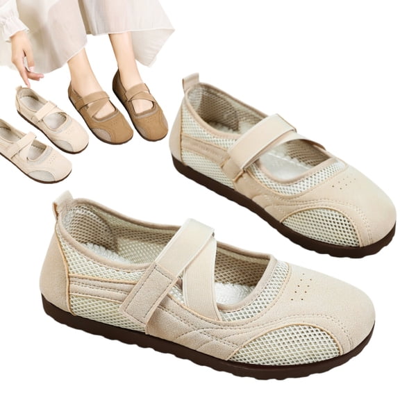 longantii Women's Breathable Hollow Mesh Shoes, Ballet Style Lightweight Soft Sole Casual Flats for Daily Wear Beige