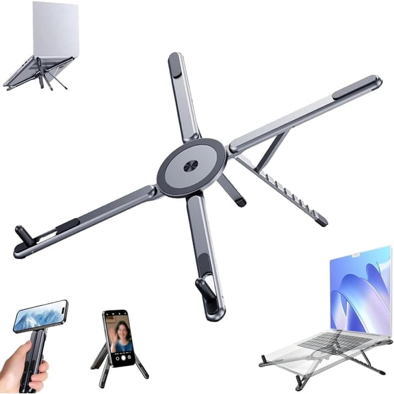 3-in-1 Magnetic Foldable Laptop Stand, Adjustable Aluminum Laptop Riser, 4-in-1 Foldable Laptop Stand & Magnetic Phone Holder, 8-Level Portable Computer Stand for Desk, Home Office (Gray)