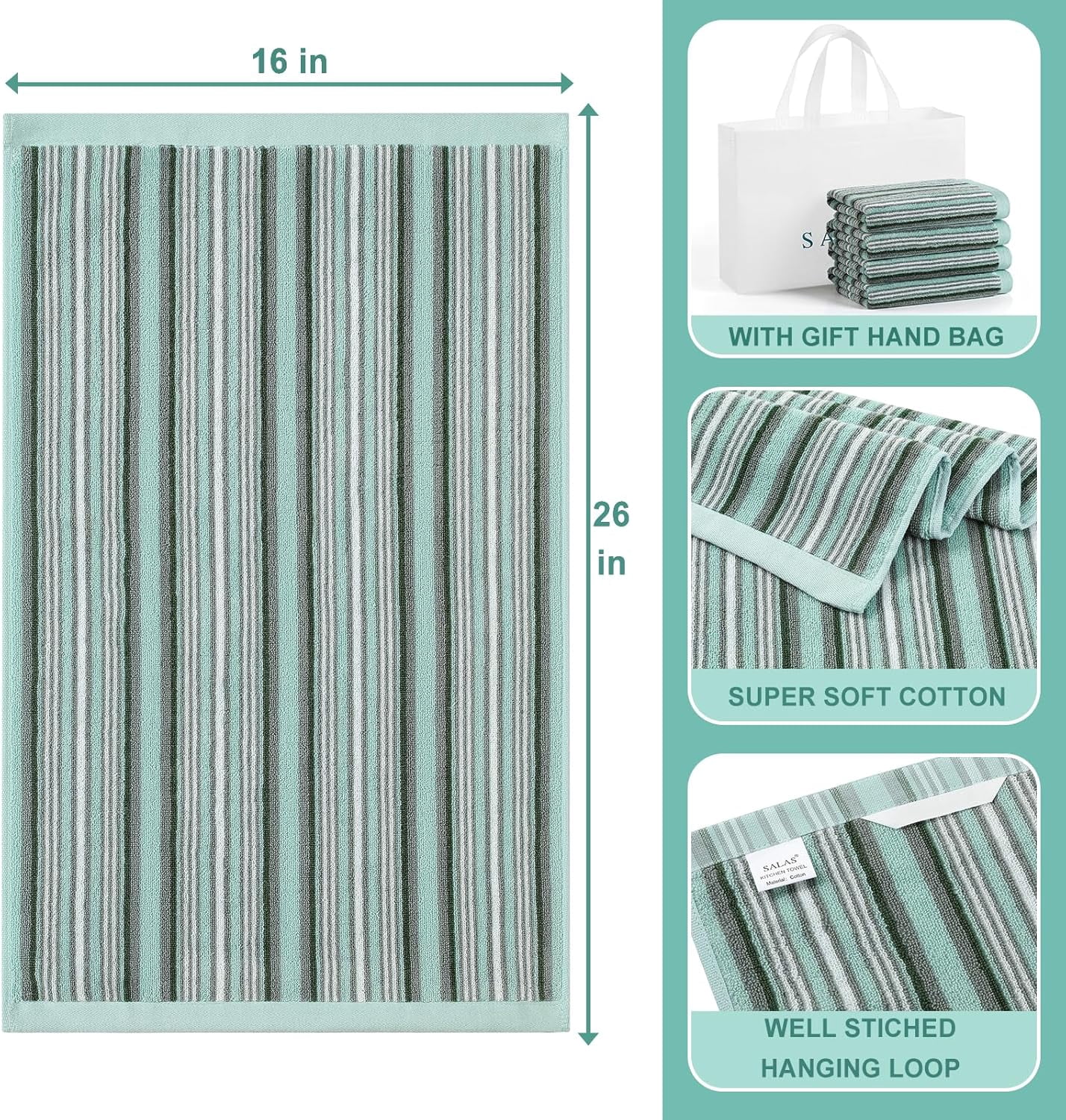 KitchenKey Premium Cotton Kitchen Dish Towels for Drying Dishes,Large Long Kitchen Hand Towels, Thick Highly Absorbent Dish Clothes Tea Towel Sets with Hanging Loop, 16" X 26", 4 Pcs, Green