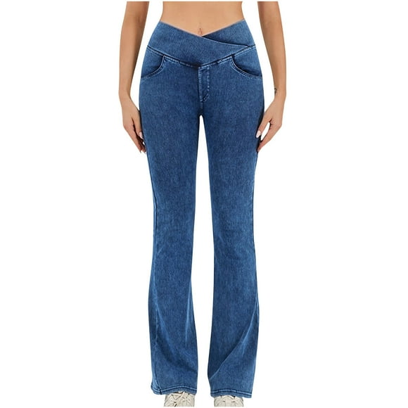 Timegard Jean Flare Yoga Pants for Women Crossover High Waist Slim Pants Running Sports Trousers with Pockets