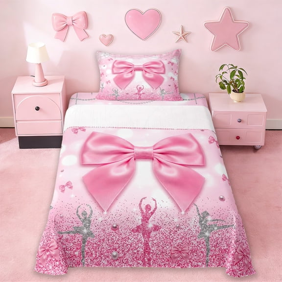 Erosebridal Pink Cute Bowknot Kids Twin Sheet Sets,Ballet Girls Silhouette Bedding 3-Piece