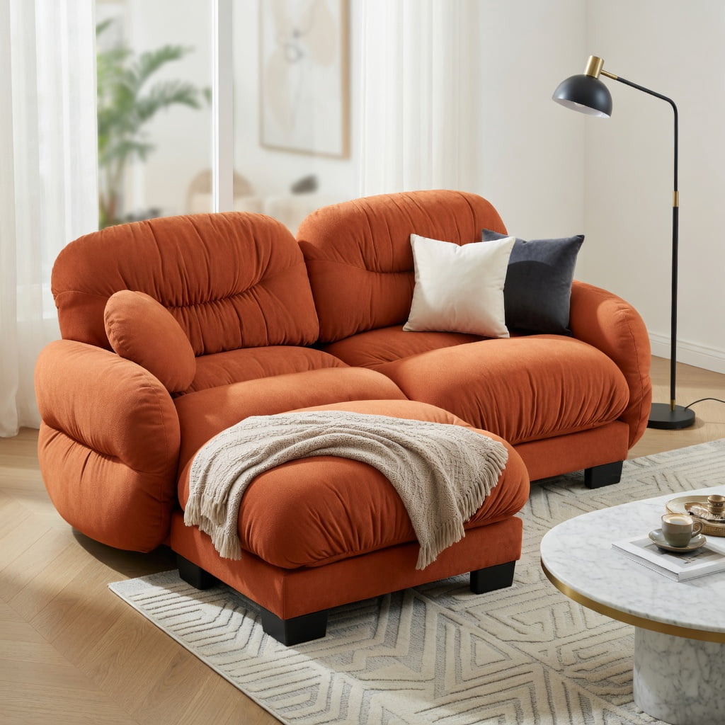 Hommoo Chenille 2-Seat L-Shaped Modular Sectional Sofa with Ottoman, Ergonomic High-Density Foam, Pleated Back Design & 2 Round Throw Pillows, Orange