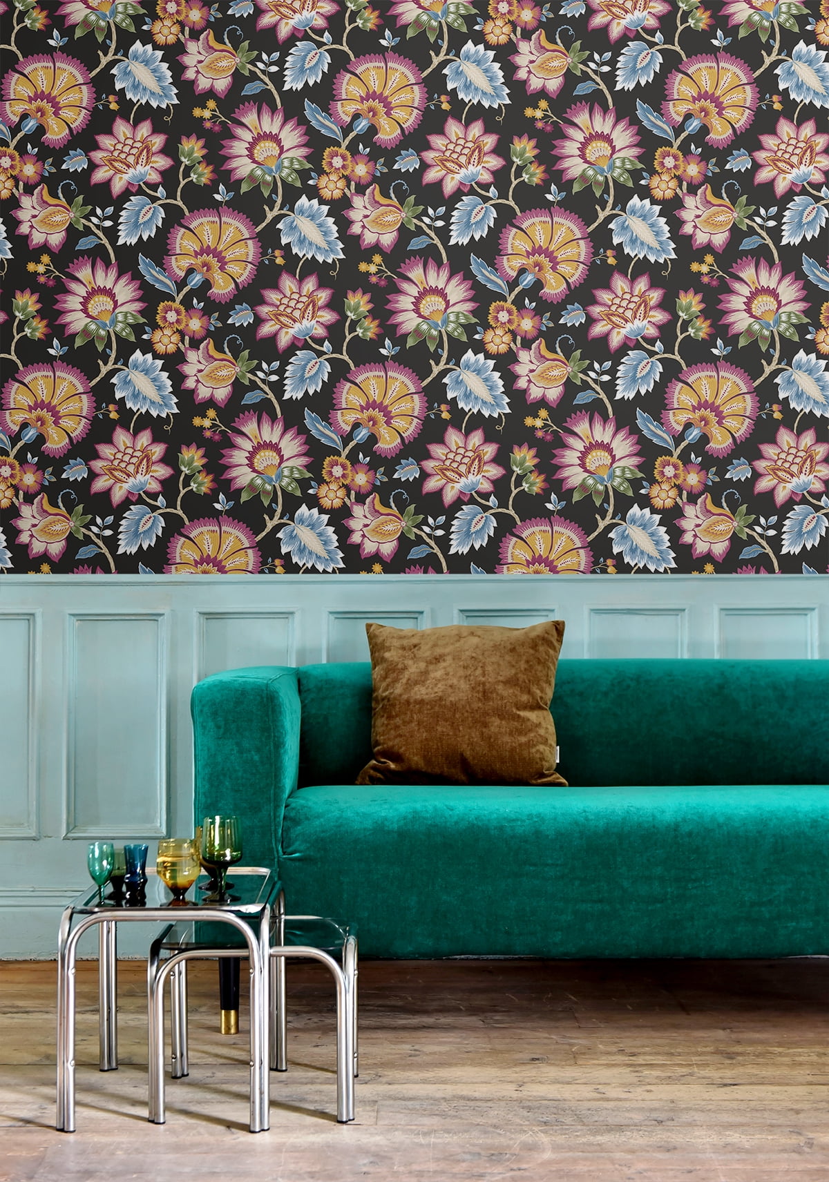 NextWall Cosmic Black Jacobean Blossom Floral Peel and Stick Wallpaper