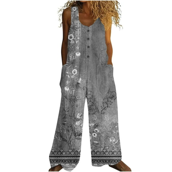 Womens Cotton Linen Floral Print Button Overalls Jumpsuit Summer Fashion Oversize Jumpsuits Rompers Pants With Pockets