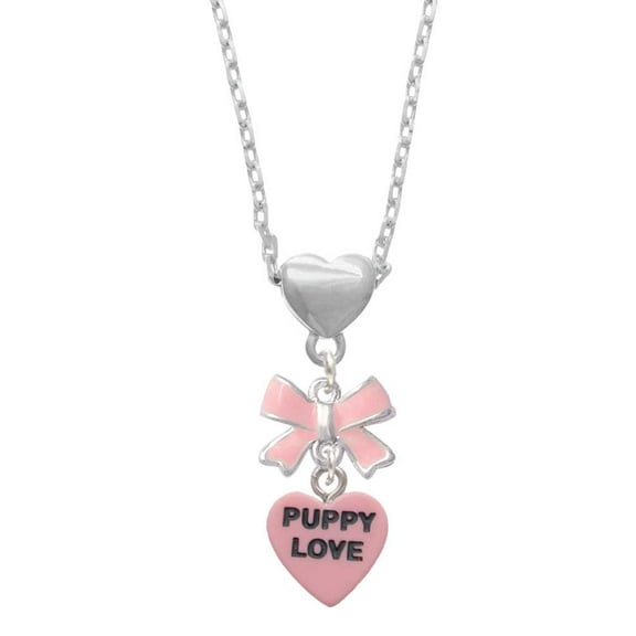 Delight Jewelry Acrylic Pink "Puppy Love / Take a Walk" Heart Pink Bow Heart Necklace