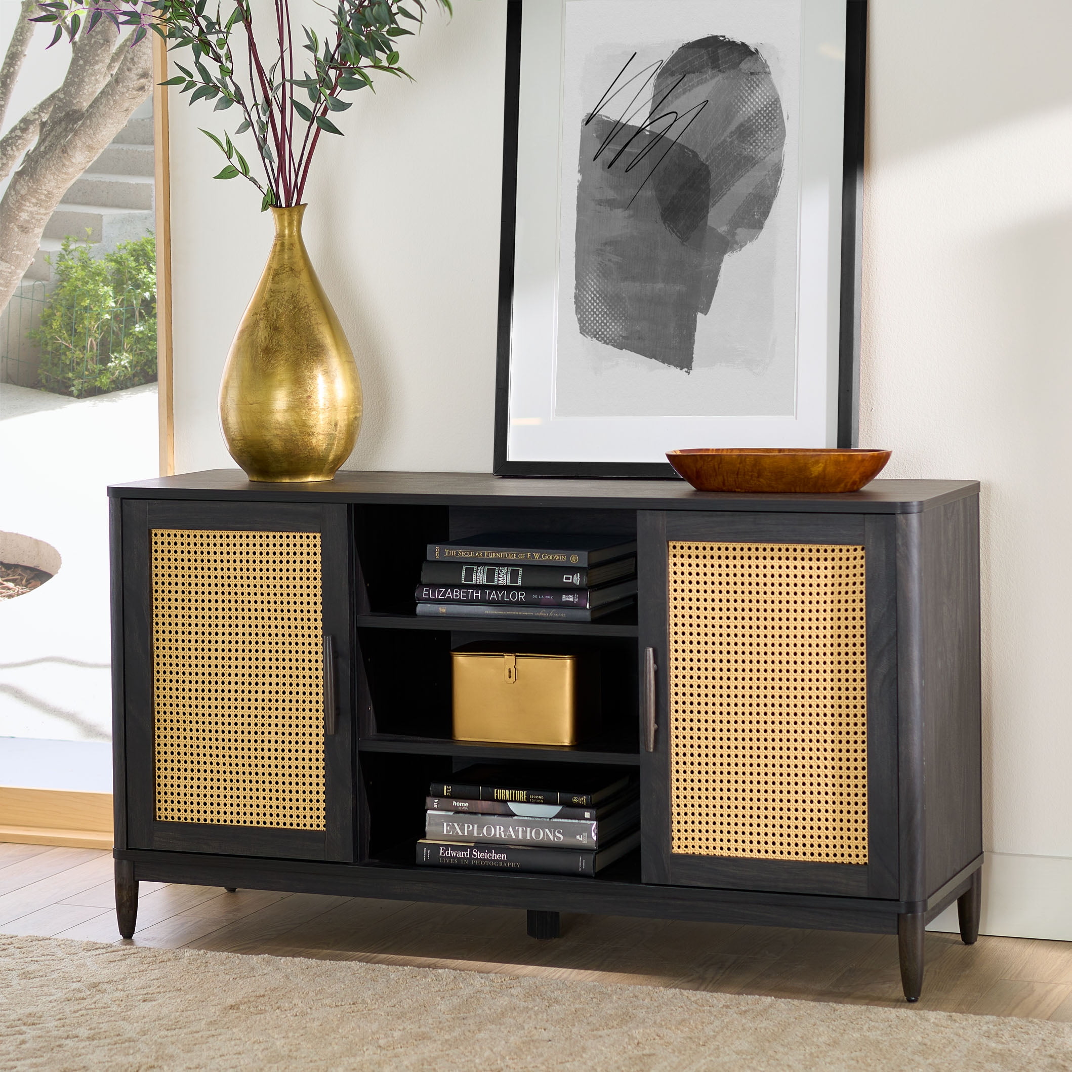 Better Homes & Gardens Springwood Cane TV Stand for TV's up to 65", Charcoal Finish
