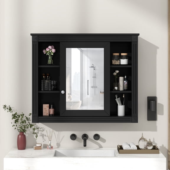 Bathroom Vanity, 35'' x 28'' Wall Mounted Bathroom Storage Cabinet, Medicine Cabinet, Modern Bathroom Wall Cabinet with Mirror, Mirror Cabinet with 6 Open Shelves (Not Include Bathroom Vanity )