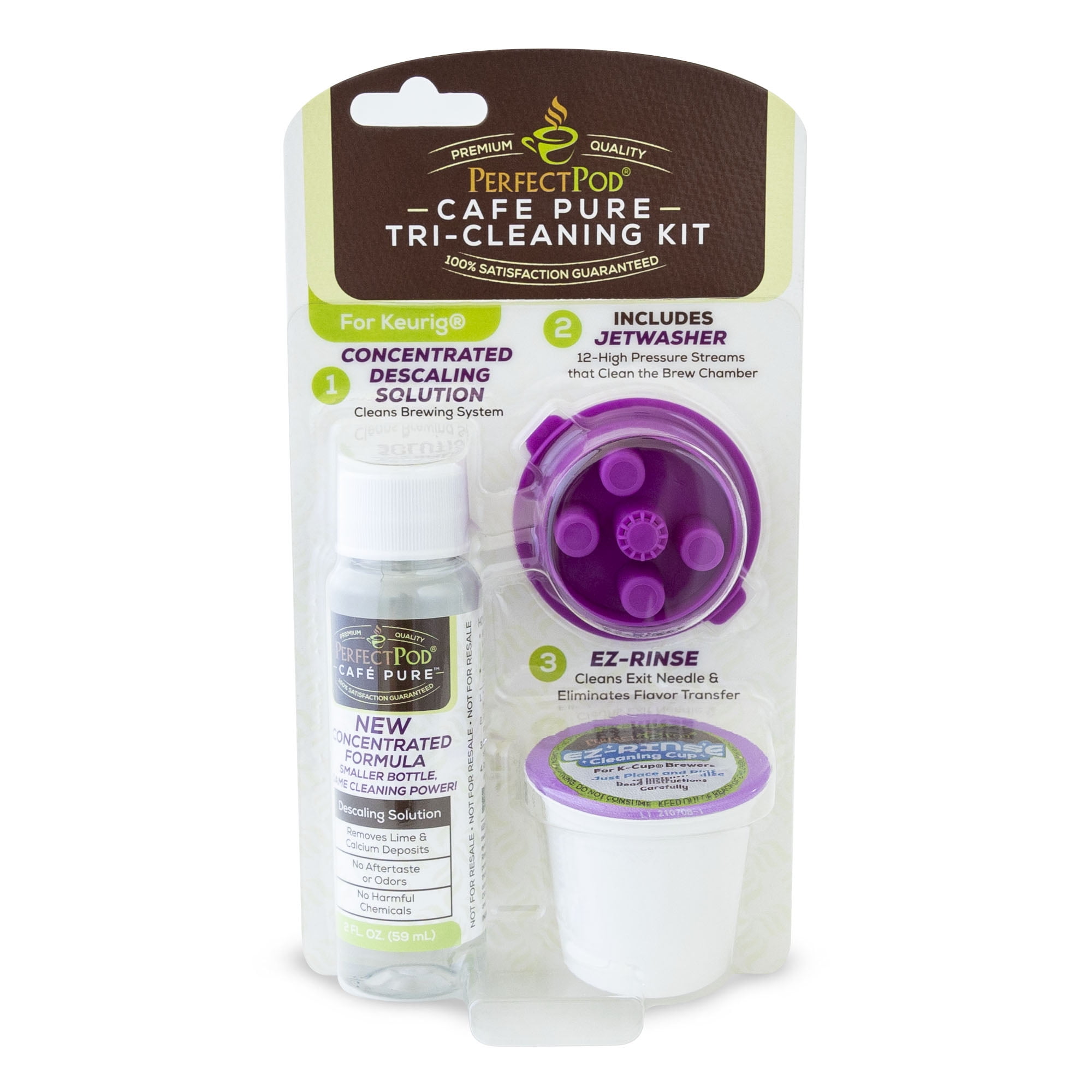 Perfect Pod Café Pure Tri-Cleaning Kit with Concentrated Descaling Solution, 12 stream Jetwasher and EZ-Rinse Cleaning Cup for K-Cup Brewers Cleans the Entire Brew Path