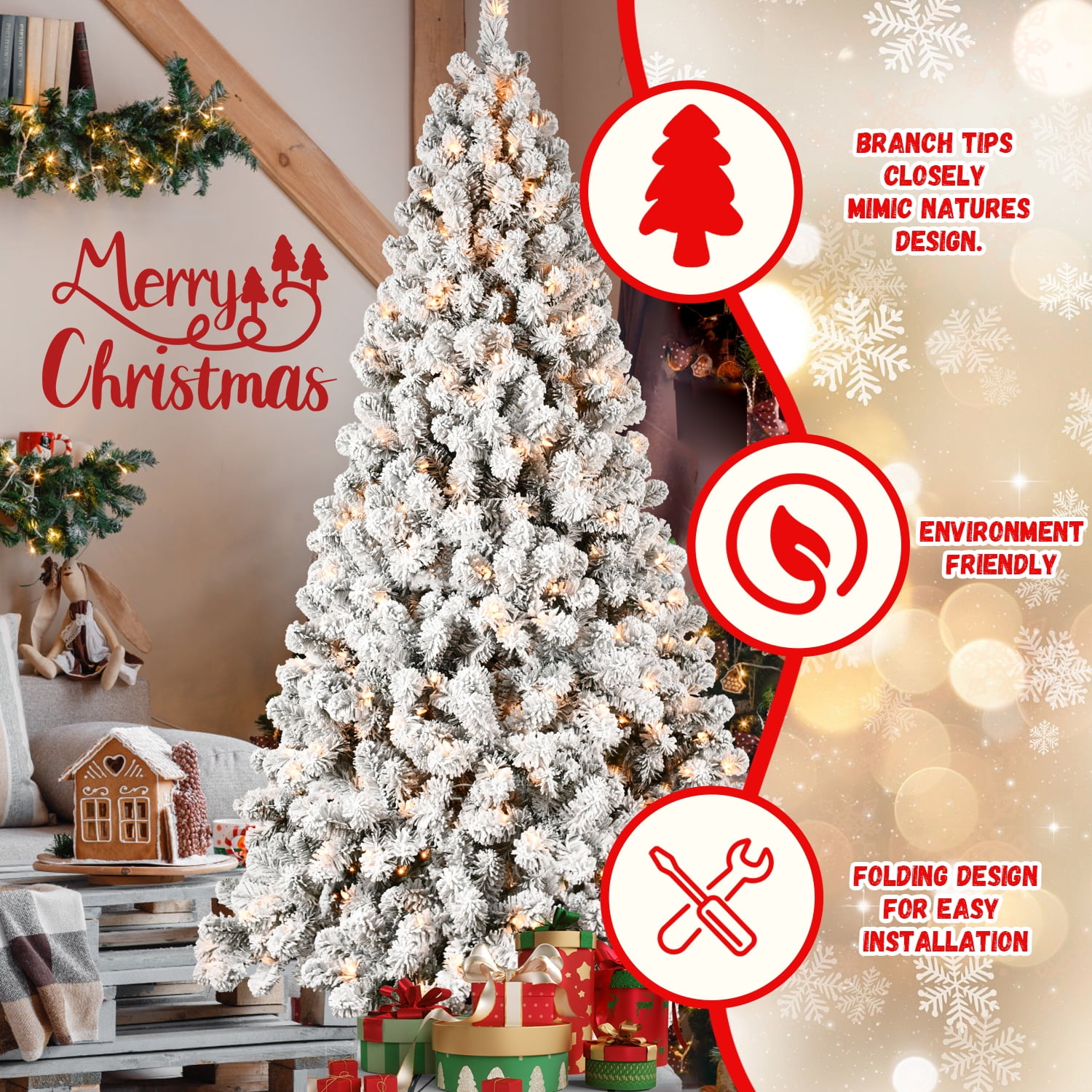 Euroco 8ft Flocked Pre-Lit Christmas Tree with 500 UL Warm White Lights, 1460 PVC Tips, Auto-Unfold Memory Wire, Easy Assembly & Stable Metal Stand – Snowy Holiday Decor