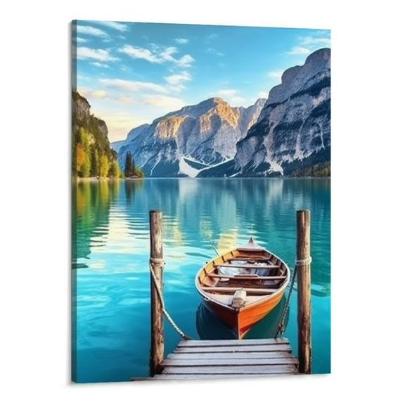 PRATYUS Braies Lake Canvas Wall Art Natural Landscape Modern Home Decor Mountain and Boat Picture Wall Decorations Lake Lago Di Braies Artwork Paintings Stretched and Framed Ready to Hang, 16x20 Inch