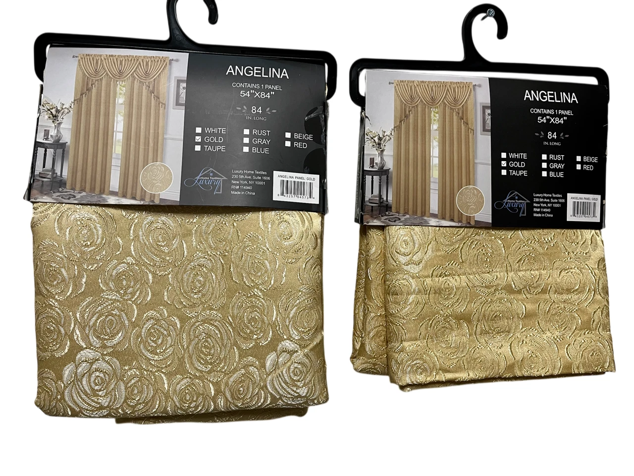 Angelina 7 Piece Damask Curtain Set with Beaded Austrian Valances and Swag, 84" Long, Gold