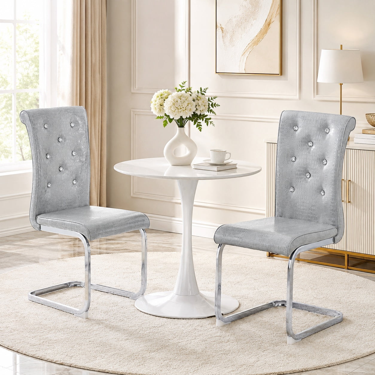Aukfa Modern Dining Chairs Set of 2 , 400 lbs Heavy-Duty Faux Alligator Leather Kitchen Chairs with Crystal Button Tufted High Back,Gray