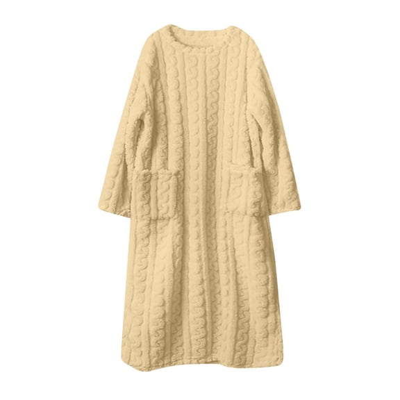 Sleepwear For Women Crew Neck Long Sleeve Knitted Long Nightgown Fuzzy Thicken Thermal Casual Comfortable Home Wear (S, Yellow)