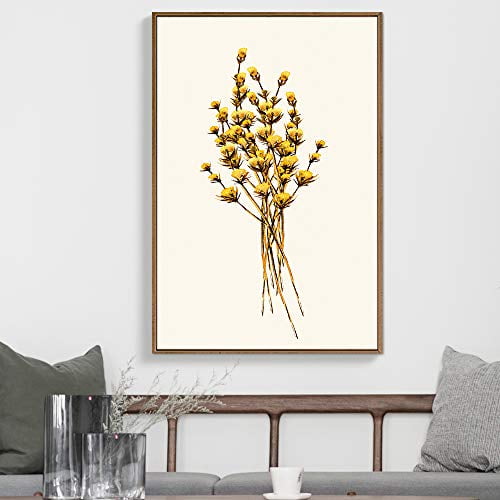 IDEA4WALL Framed Canvas Wall Art Minimal Pastel Bouquet of Yellow Flower Buds Illustrations Retro Art Botanical Plants Print Rustic Relax/Calm for Living Room, Bedroom, Office - Natural 24"x36"