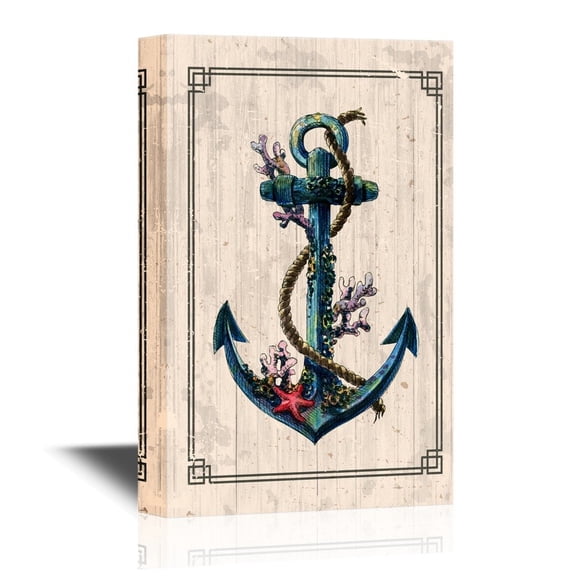 wall26 - Canvas Wall Art - Vintage Sea Anchor with Shell, Coral, Isolated Object - Gallery Wrap Modern Home Art | Ready to Hang - 12x18 inches