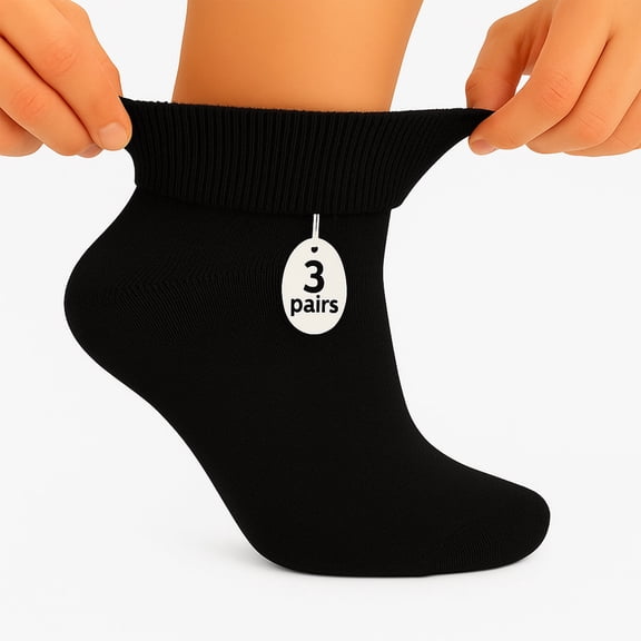 Women's Diabetic Ankle Socks - 3 Pairs, Soft Cotton, Non-Binding, Seamless Toe, Circulation Support, Shoe Size 5-7 (Black)