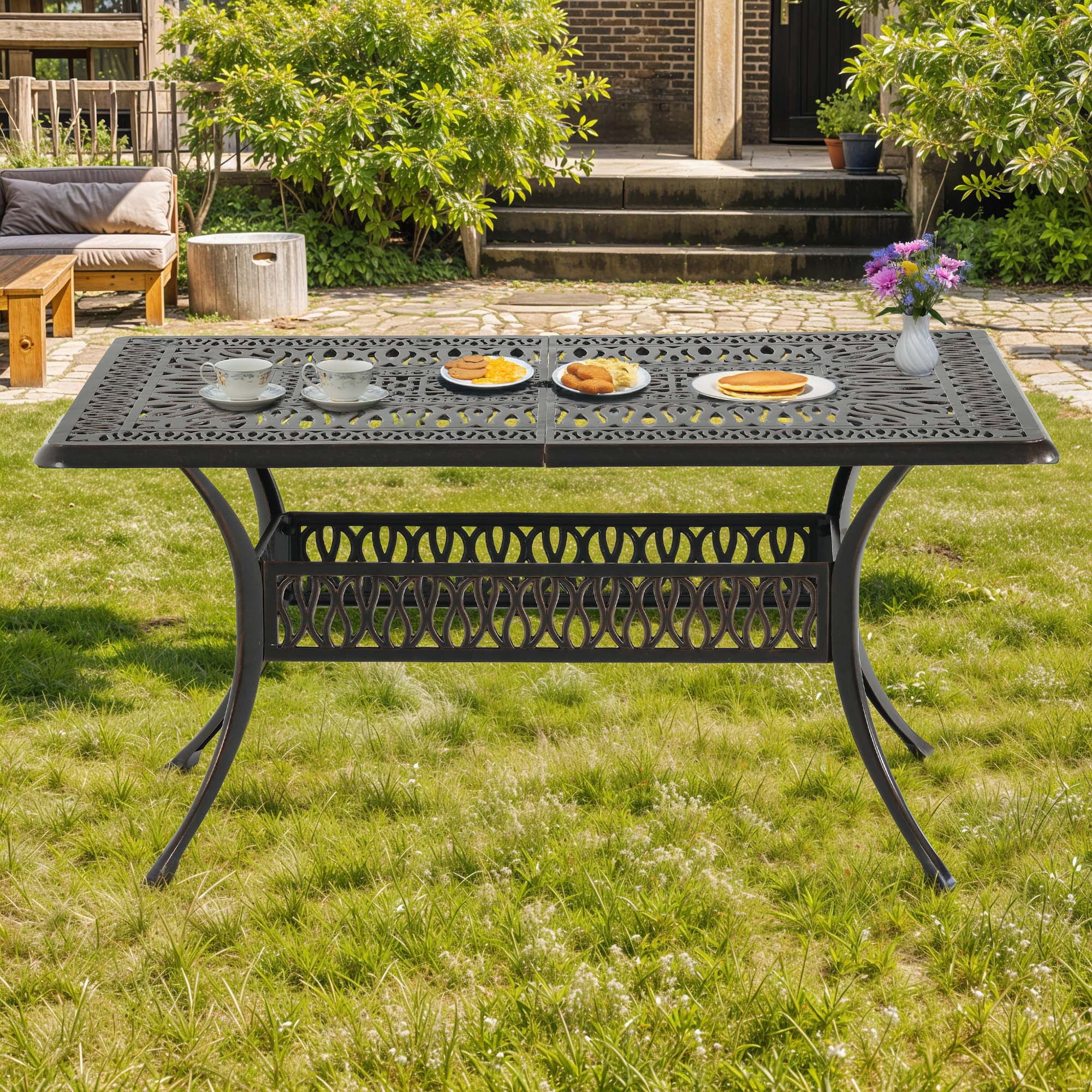 Uforic 6-Person Outdoor Rectangular Cast Aluminum Dining Table with Umbrella Hole, All-Weather Resistance, Black
