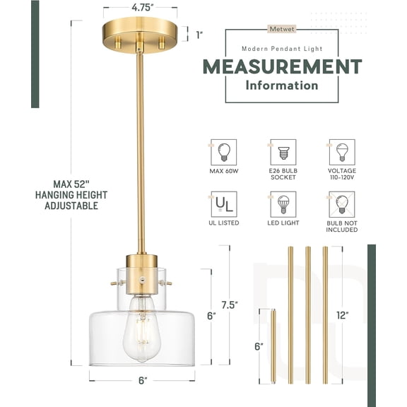 Brushed Gold Pendant Lights Kitchen Island, 6" Pendant Light Fixtures Over Island with Clear Glass Shade, Modern Brass Kitchen Island Lighting for Dining Room Entryway, PL124-BG-G-1PK