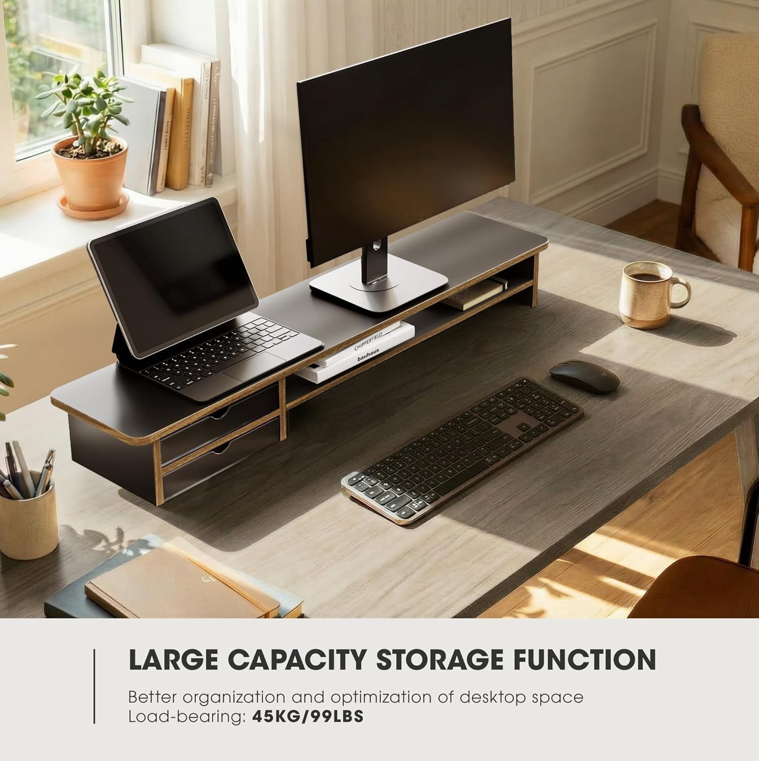 Monitor Stand, Dual Monitor Riser, 42.5inch Large Desk Computer Monitor Stand Riser with Drawer, 2 Tier Wood & Acrylic Desktop Organizer with Cable Management