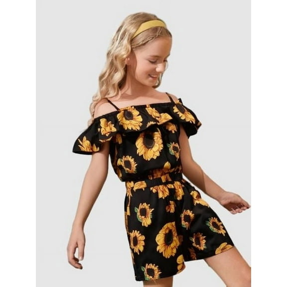 Mikrdoo Big Girls Sunflower Print Straps Lotus Leaf Collar Tops Elastic Shorts 2-Piece Outfit Set, 9-10 Years