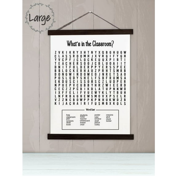 Black Wood, Canvas Sign, Classroom Decor Word Search Puzzle Art Print, Lightweight Ready to Hang Wall Hanging, 19x24-Inch