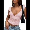 thumbnail image 1 of Camisetas Sin Mangas para Mujer, de Verano, con Cuello en V, para Salir, con Encaje Fruncido, Camisetas Casuales de Moda. Rosa S, 1 of 6