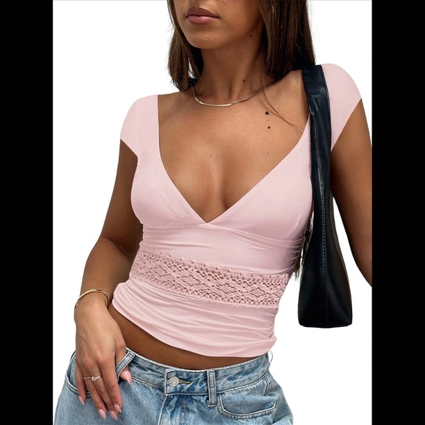 Camisetas Sin Mangas para Mujer, de Verano, con Cuello en V, para Salir, con Encaje Fruncido, Camisetas Casuales de Moda. Rosa M