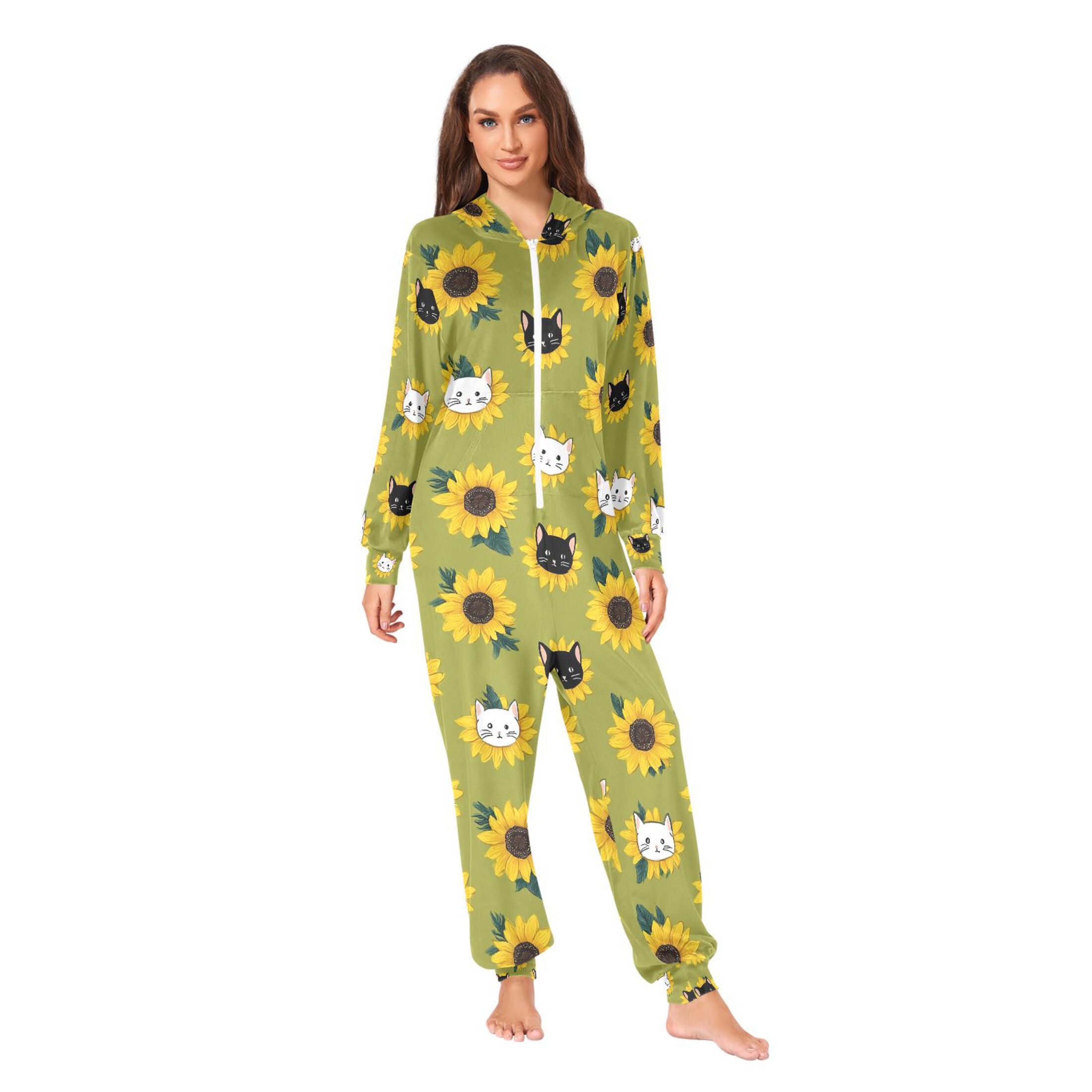 Adult Christmas Onesie Sunflower Flower Black White Cat Adult Zipper One-Piece Pajamas Unisex Pajamas with Pockets