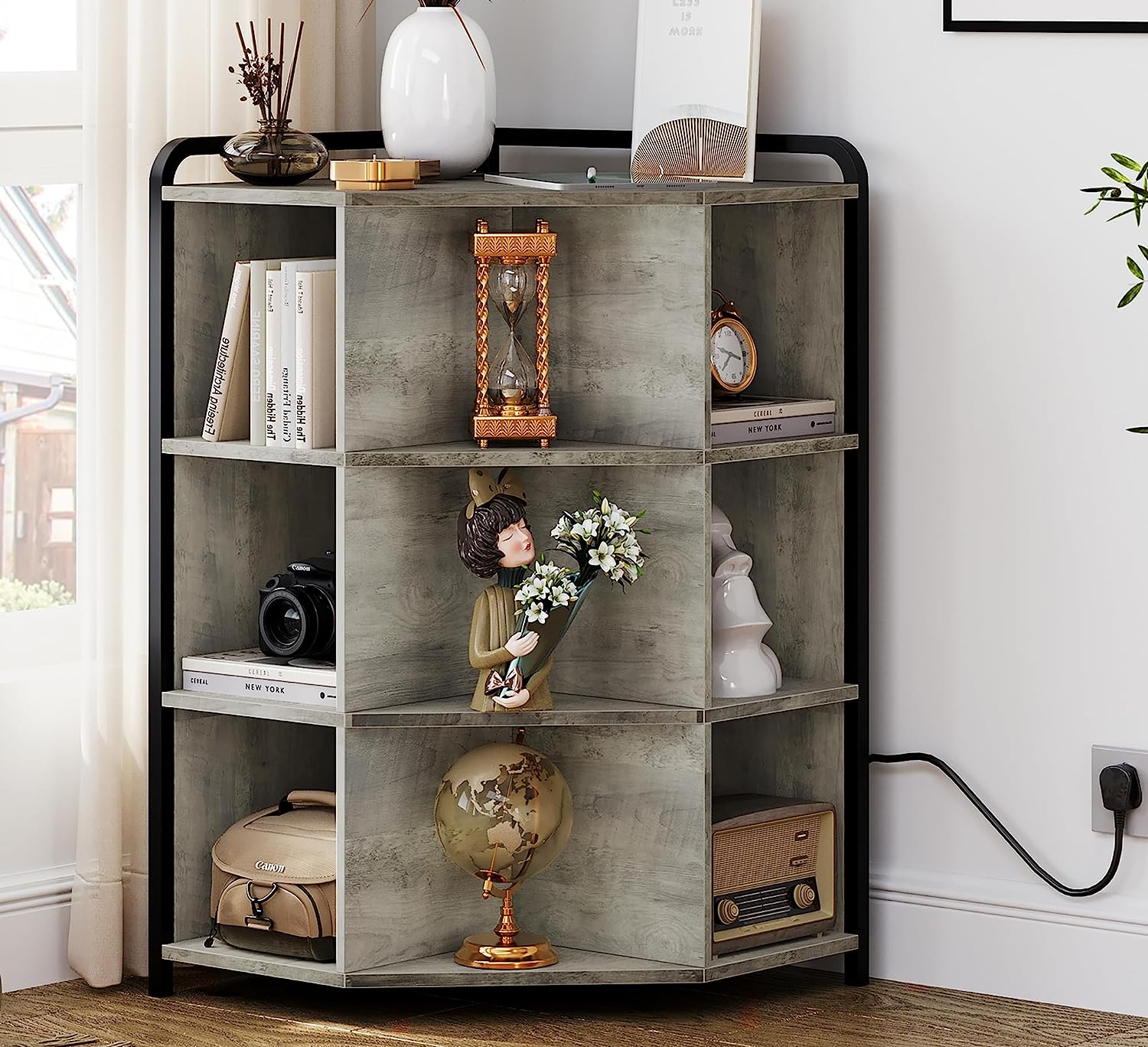 Corner with USB Ports and Outlets Wooden Storage