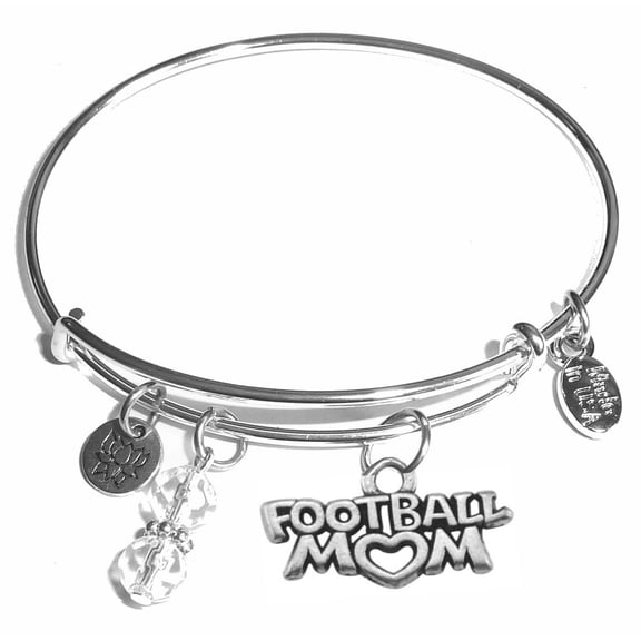 Hidden Hollow Beads "Football Mom" Message Charm Expandable Wire Bangle Bracelet, COMES IN A GIFT BOX!