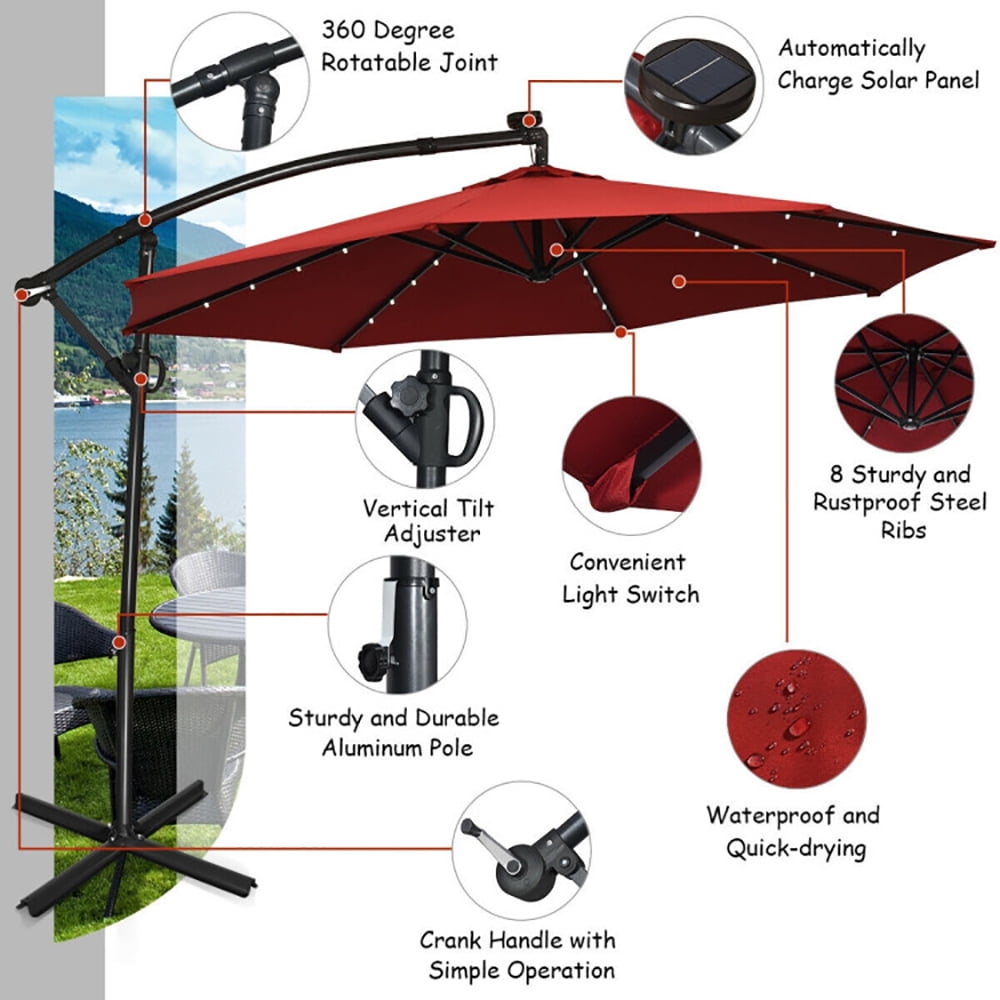 Aimee Lii 10 ft 360° Rotation Solar Powered LED Patio Offset Umbrella without Weight Base, Outdoor Umbrellas for Patio, Red Aimee Lii 10 ft 360° Rotation Solar Powered LED Patio Offset Umbrella without Weight Base, Outdoor Umbrellas for Patio, Red