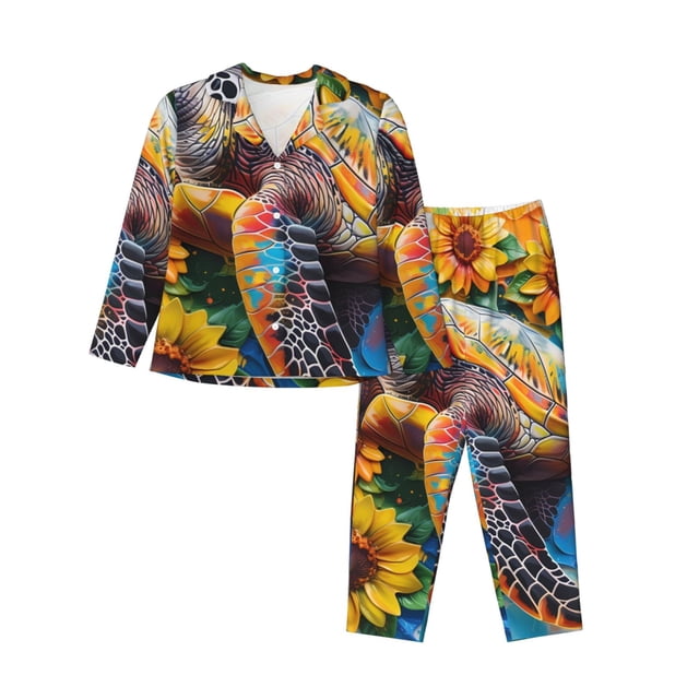 Fotbe Sunflower Turtle Conjunto de Pijama de Manga Larga para Mujer con Estampado, Ropa de Dormir de 2 Piezas, Conjunto de Casa Suave y Cómodo con Bolsillos-X-Large