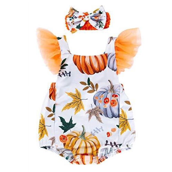 Styles I Love Infant Baby Girls Harvest Pumpkin Print Cross Back Romper with Headband 2pcs Autumn Holiday Thanksgiving Outfit