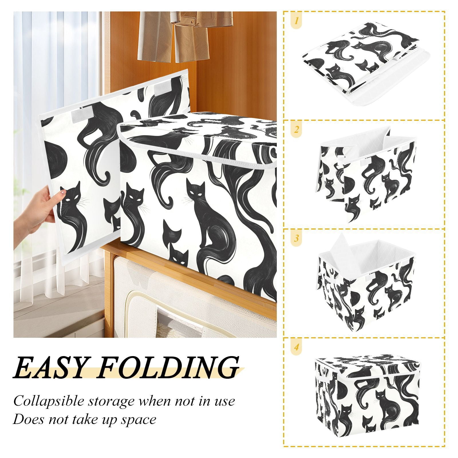 Black Cats in White Storage Basket for Shelves Foldable Container Organizer for Organizing Toys Clothes Books with Handles
