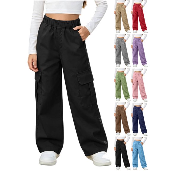 Girls Wide Leg Cargo Pants 5-15 Years Stretchy Waist Casual Pants with Deep Pockets for Fall Solid Color Trousers