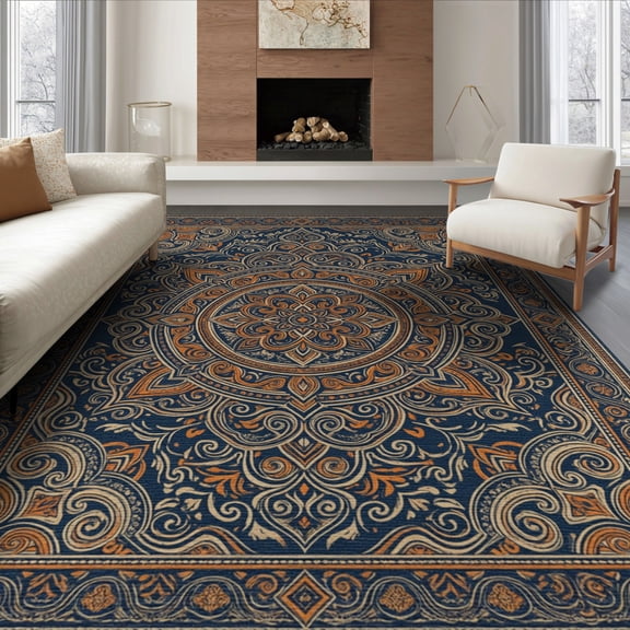 ODIKA 8'x10' Washable Area Rug Beige Vintage Distressed Ornate Scroll Border Orange Navy Boho Refined for Dining Room, Large Office, Lounge, Non-Slip Chair-Friendly Mat