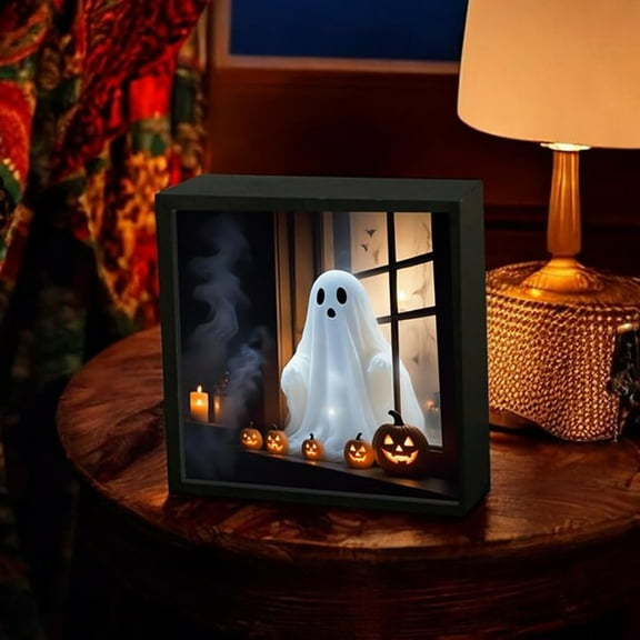 Ljxge Halloween Window Night Light Decor - Hand-Painted Mysterious Design Photo Frame with Wooden Base for Spooky Home Decor, Warm Glow Bedroom Accent, Seasonal Holiday Display