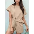 thumbnail image 5 of Women'S 2 Piece Solid Color Round Neck Casual Textured Fabric Short Sleeve Pajamas Sweatsuit Set Khaki M, 5 of 7