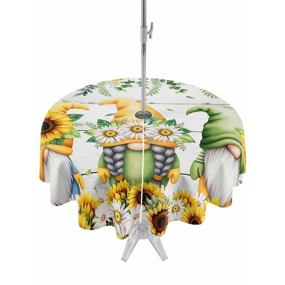 Outdoor Tablecloth with Umbrella Hole and Zipper, Spring Gnomes Round Table Cloth 60 Inch Waterproof Tablecloth, Botanical Yellow Flowers Leaves Wooden Plank Picnic Table Cover for Patio Camping