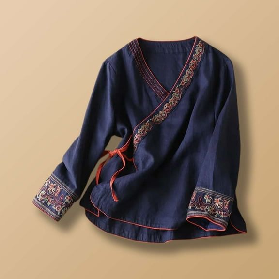 Long Sleeve Shirts for Women Ethnic Embroidered Loose Fit Tops Casual Short Sleeve Vacation Tees