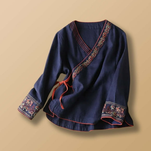 Women's Ethnic Style Linen Embroidered Top Loose Fit Vintage Clothing Pack of Long Sleeve T Shirt Women Shirts Women Loose Fit Shirts Hide Sweat Long Sleeve Undershirt for Women Womens T Shirts Short