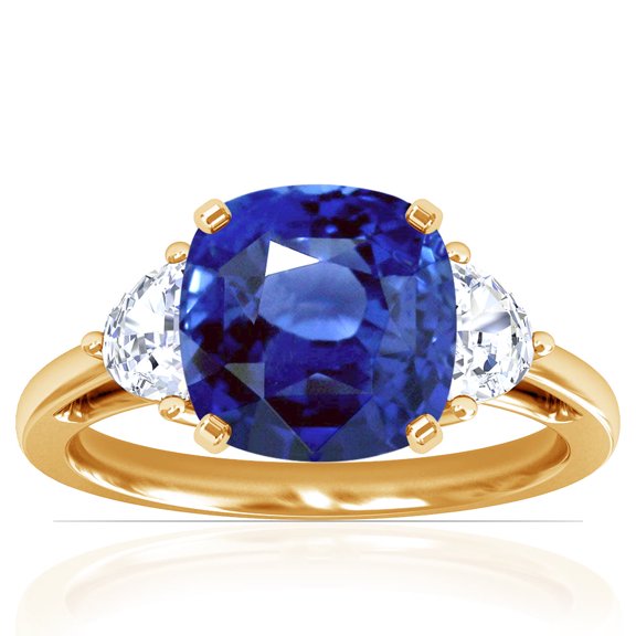 GemsNY September Birthstone - Three Stone Square Cushion Blue Sapphire Ring with Prong Set Half Moon Side Diamonds For Women (Grade - AAA | 2.19cttw)