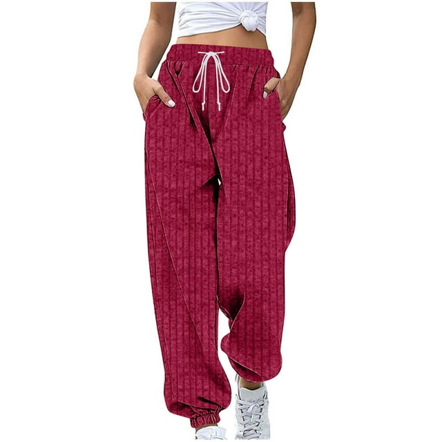 Wlynlyn Pants for Women Knit Lounge Elastic Waist Drawstring Trousers with Side Pockets Comfy Solid Color Workout Pants