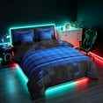 thumbnail image 2 of Manfei 3D Cube Neon Light Queen Bedding, Blue Gradient Stripe Bedding Comforter Set Queen, Blue Black, Black Reversible 7pcs, 2 of 6
