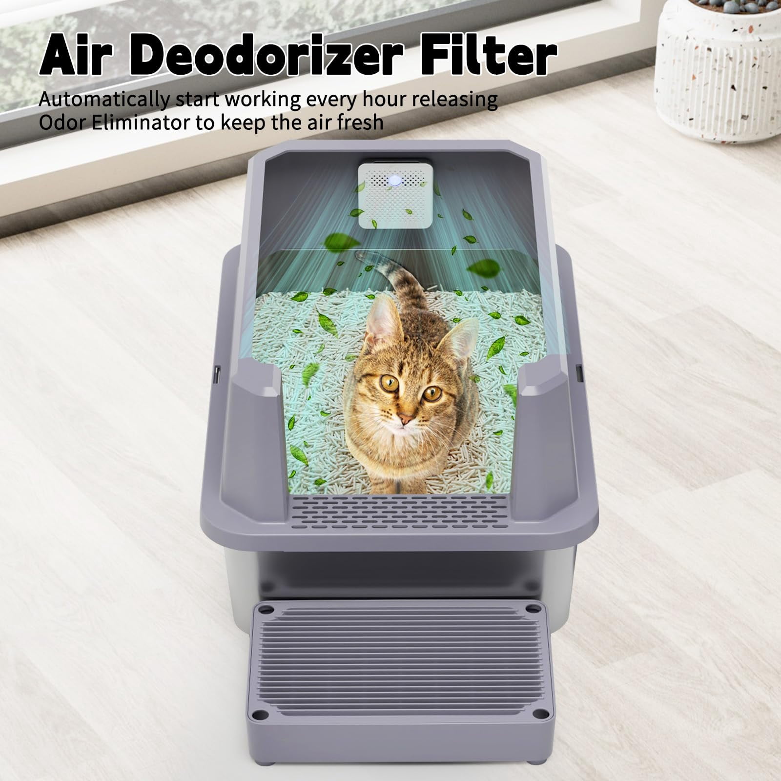 Stainless Steel Litter Box For Cats: Gray Leakproof Open Top Tray - Teflon Non-stick Coating Large Size Odor Control Cats Under 20 Lbs With Deodorizer 2 Pack
