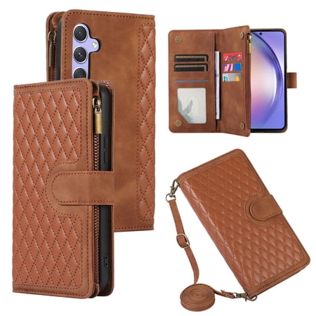 Dteck for Samsung Galaxy A14 5G Case Samsung A14 Wallet Case with 9 Card Slots PU Leather Magnetic Flip Zipper Purse Wristlet Strap Crossbody Lanyard Kickstand Phone Case for Galaxy A14 Brown